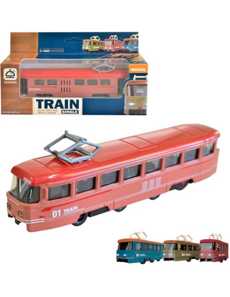 Tramvaj kovová 19cm zpětný chod na baterie 3 barvy v krabici Zvuk