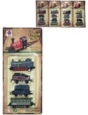 Vlak kovový mini historický set mašinka + 3 vagónky zpětný nátah 4 druhy na kartě