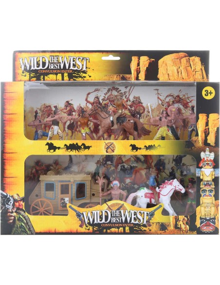 Divoký západ westernový set kočár se 3 koni a indiány plast v krabici