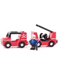 WOODY DŘEVO Hasiči set autíčko s vagonkem a figurkou doplněk k vláčkodráze