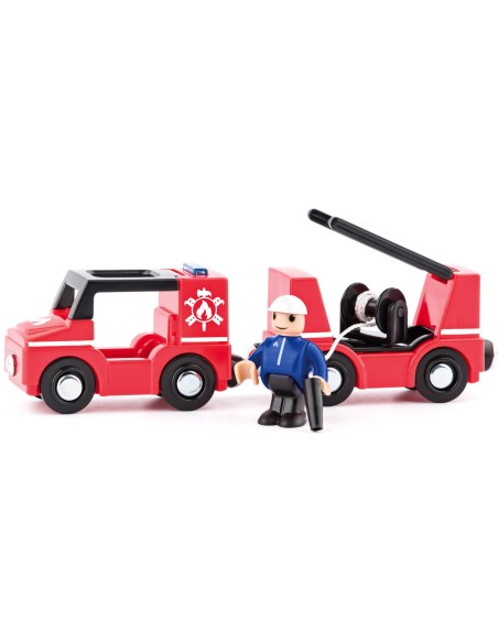 WOODY DŘEVO Hasiči set autíčko s vagonkem a figurkou doplněk k vláčkodráze
