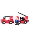 WOODY DŘEVO Hasiči set autíčko s vagonkem a figurkou doplněk k vláčkodráze