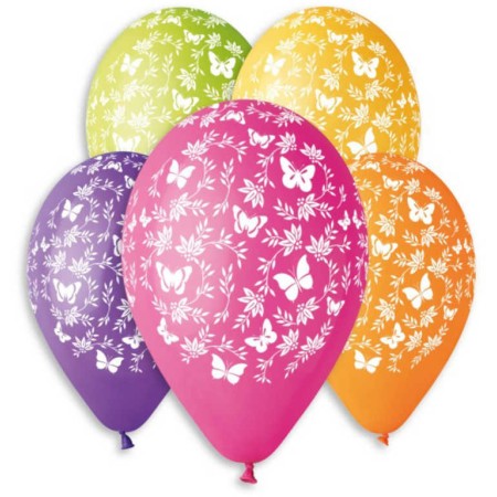 GEMAR Balónek nafukovací 30cm potisk MOTÝL set 5ks různé barvy v sáčku