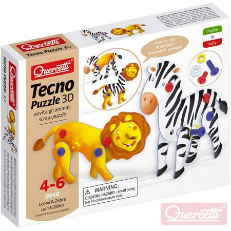 QUERCETTI Tecno Puzzle pohyblivé 3D lev + zebra 26 dílků STAVEBNICE