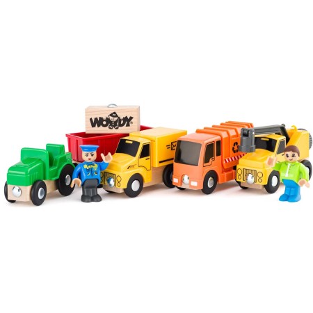 WOODY DŘEVO Užitkové vozy set 4 autíčka se 2 figurkami doplněk k vláčkodráze