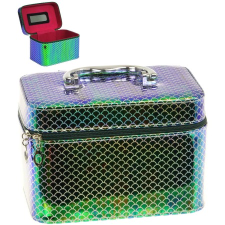 Kufřík dětský kosmetický vel. M se zrcátkem na zip zelenomodrý třpytivý