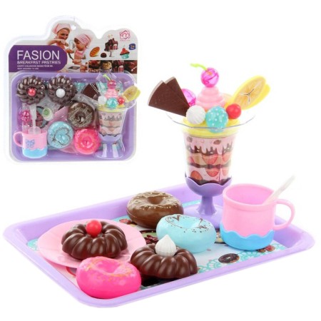 Sladkosti dortíky set s pohárem a podnosem makety potravin + dětské nádobí plast