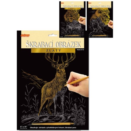 Obrázek vyškrabovací Zvířáta zlatý kreativní set se škrabacím perem 3 druhy