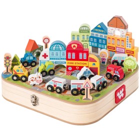 WOODY DŘEVO Vláčkodráha Město v rozkládacím kufříku s auty a domy