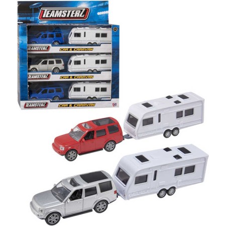 Teamsterz set auto teréní jeep + karavan 3 barvy v krabičce