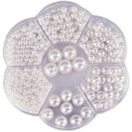 Korálky navlékací metalické bílé set 1150ks 3-12mm v plastovém boxu