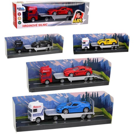 Auto odtahovka kovová 18cm set tahač s přívěsem a automobilem 4 druhy