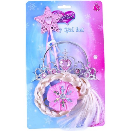 KARNEVAL Sada princezna růžová cop korunka hůlka KARNEVALOVÝ DOPLNĚK