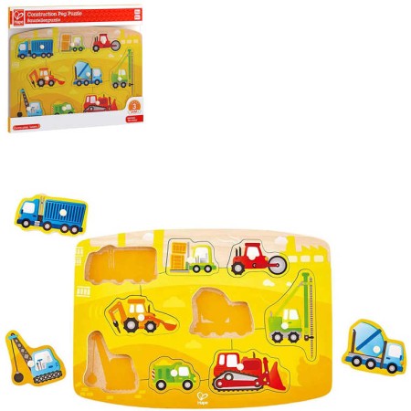HAPE DŘEVO Puzzle na desce Stavaři auta 9 dílků s úchyty skládačka