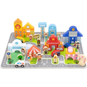 VIGA DŘEVO Stavebnice baby město herní set na puzzle podložce s doplňky v kyblíku