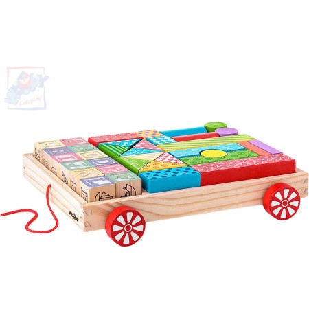 WOODY DŘEVO Vozík tahací stavebnice s kostkami a razítky set 35ks