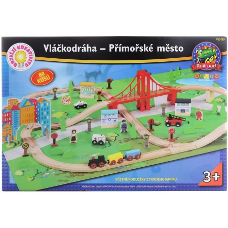 MAXIM DŘEVO Vláčkodráha přímořské město 80 dílků *DŘEVĚNÉ HRAČKY*