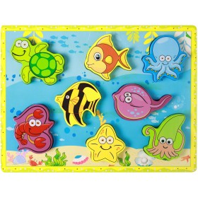 DŘEVO Vkládačka baby 3D puzzle vkládací na desce podmořský svět 8 dílků
