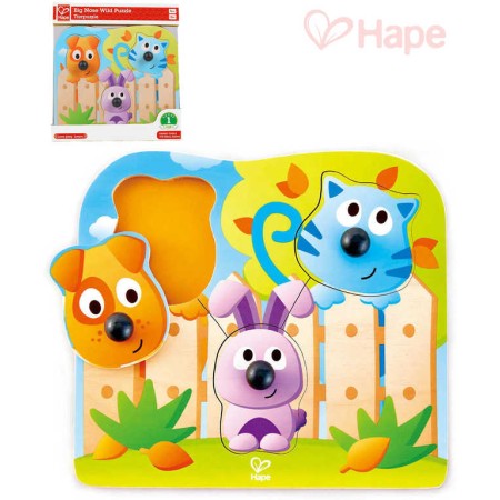 HAPE DŘEVO Baby puzzle vkládací s úchyty domácí zvířátka 3 dílky na desce