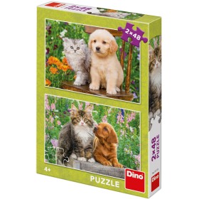 DINO Puzzle Pejsek a kočička na zahradě 2x48 dílků 26x18cm skládačka