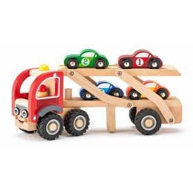 WOODY DŘEVO Set tahač veselý + 4 závodní auta *DŘEVĚNÉ HRAČKY*