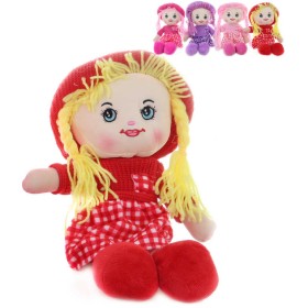 Panenka textilní 35cm hadrová s copánky v kloboučku 4 barvy