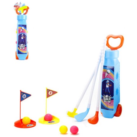 Golfový set dětský vozík se 3 holemi a 4 míčky s doplňky plast