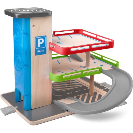 WOODY DŘEVO Garáž 2 patra parkovací dům s výtahem set se 2 autíčky plast