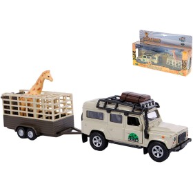 Auto kovové Land Rover Defender zpětný chod Safari set s přívěsem a žirafou