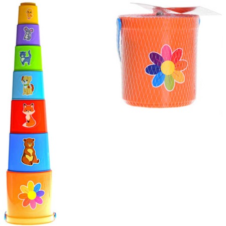 Pyramida baby skládací věžička set stohovací kalíšky 6ks v kyblíčku plast