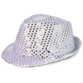 KARNEVAL Klobouk disco stříbrný s flitry na baterie barevné LED Světlo
