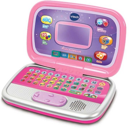 VTECH První notebook dětský zábavný počítač s aktivitami na baterie růžový CZ Zvuk