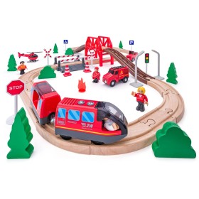 WOODY DŘEVO Vláčkodráha hasiči s elektrickou mašinkou na baterie