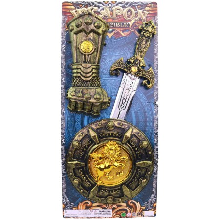 Meč dětský rytířský zdobený set se štítem a rukavicí plast na kartě