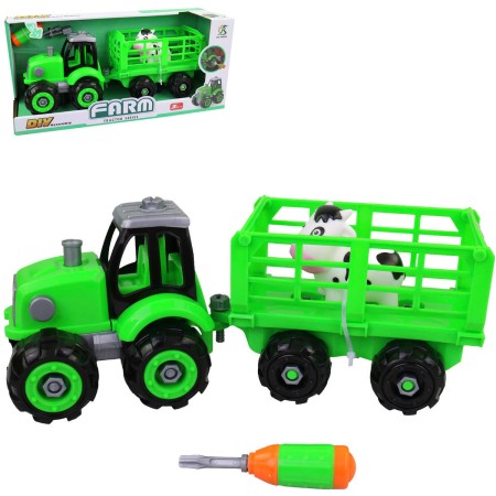 Traktor šroubovací s vlečkou montážní set s nástrojem a zvířátkem na baterie