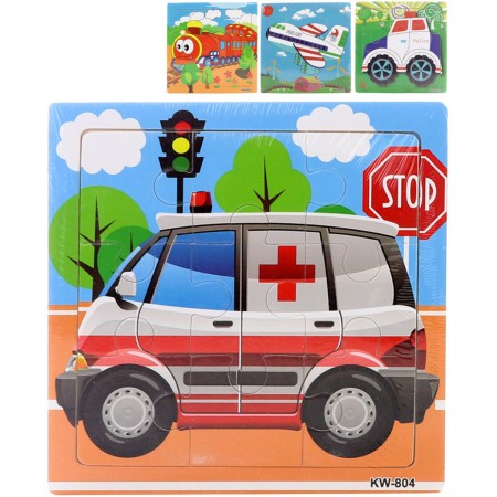 DŘEVO Puzzle dopravní prostředky vkládací na desce 9 dílků 4 druhy