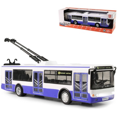 Trolejbus MHD modrý zpětný chod hlásí stanice na baterie Světlo Zvuk CZ