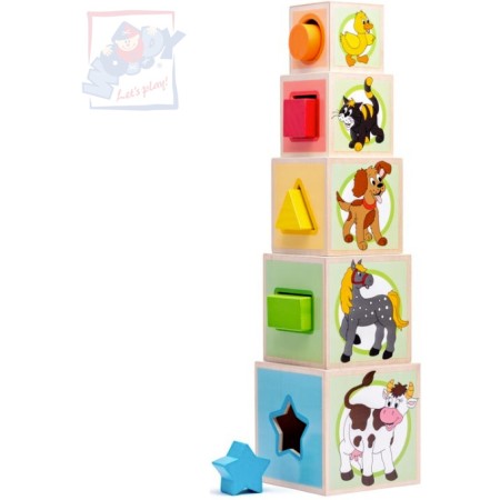 WOODY DŘEVO Věž zvířátka set 5 kostek s vkládacími tavry *DŘEVĚNÉ HRAČKY*