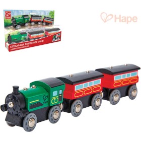 HAPE DŘEVO Vláček parní osobní set mašinka + 2 vagonky