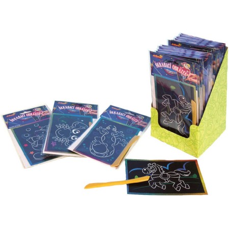 Obrázek škrabací třpytivý barevný 15x10cm hologramový set s nástrojem různé druhy