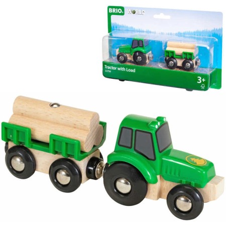 BRIO DŘEVO Set traktor s přívěsem a nákladem dřeva doplněk k vláčkodráze