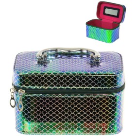 Kufřík dětský kosmetický vel. S se zrcátkem na zip zelenomodrý třpytivý