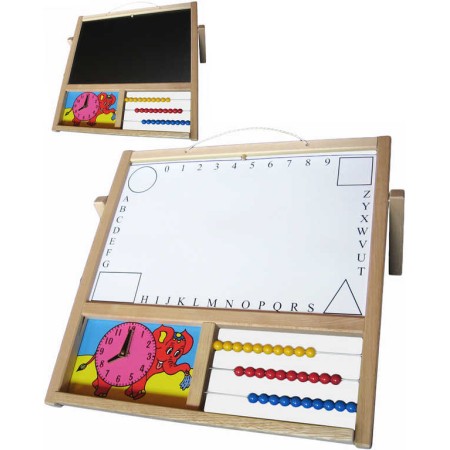 DŘEVO Tabule dětská závěsná/stolní na křídy i fixy s počitadlem a hodinami naučná