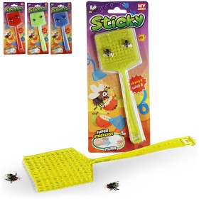 Plácačka na mouchy lepící set se 2 mouchami dětská žertovinka 4 barvy