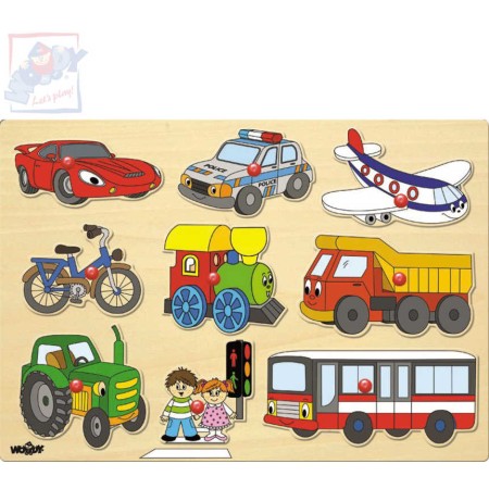 WOODY DŘEVO Baby puzzle vkládací Dopravní prostředky na desce 9 dílků