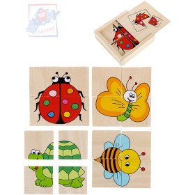 WOODY DŘEVO Baby minipuzzle Beruška 4x4 dílky v krabičce 4v1 pro miminko
