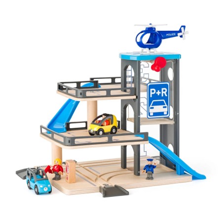 WOODY Garáž dřevěná s výtahem, autíčky a heliportem