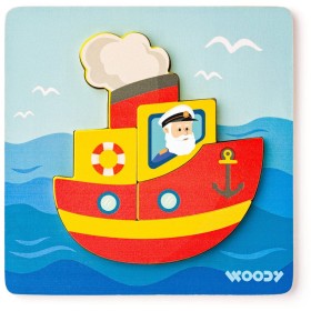 WOODY DŘEVO Baby vkládací puzzle loďka skládačka 5 dílků na desce