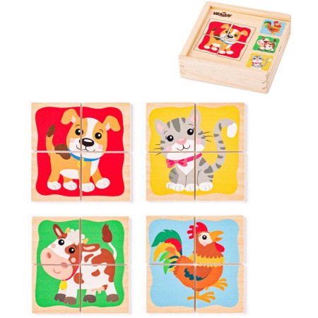 WOODY DŘEVO Baby minipuzzle Domácí zvířátka 4x4 dílky v krabičce 4v1