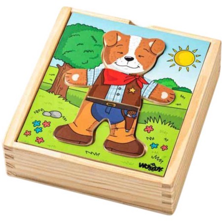 WOODY DŘEVO Baby puzzle šatní skříň pejsek 18 dílků *DŘEVĚNÉ HRAČKY*